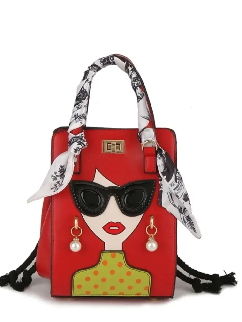 Red Top-Handle Satchel with Graphic Face Detail